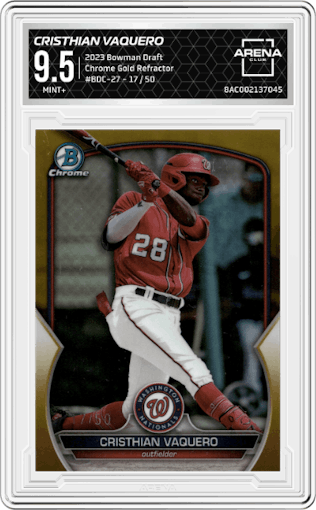 Cristhian Vaquero from the 2023 Bowman Draft set featuring a Gold Refractor parallel graded by Arena Club and given an overall grade of 9.5.