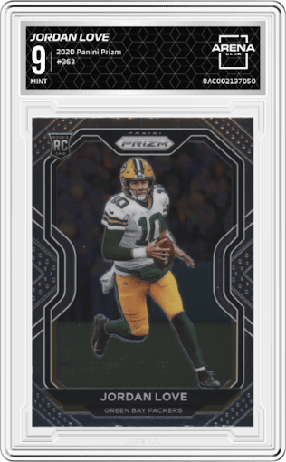 Jordan Love from the 2020 Panini Prizm set graded by Arena Club and given an overall grade of 9.