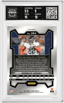 Derrick Henry from the 2023 Panini Prizm set featuring a Blue Sparkle parallel graded by Arena Club and given an overall grade of 9.5.