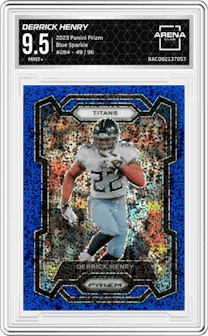 Derrick Henry from the 2023 Panini Prizm set featuring a Blue Sparkle parallel graded by Arena Club and given an overall grade of 9.5.