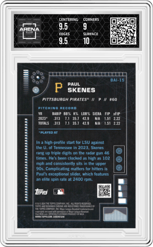 Paul Skenes from the 2024 Bowman set graded by Arena Club and given an overall grade of 9.5.
