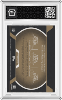 Tom Brady/Chad Henne/Brian Griese from the 2008 Topps Triple Threads set featuring a Gold parallel graded by Arena Club.
