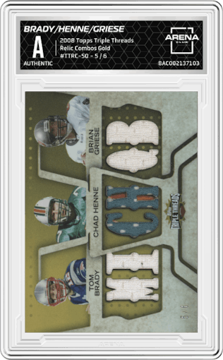 Tom Brady/Chad Henne/Brian Griese from the 2008 Topps Triple Threads set featuring a Gold parallel graded by Arena Club.