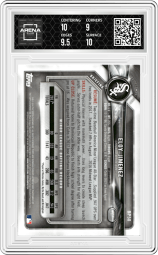 Eloy Jimenez from the 2020 Topps Archives Signature Series Active Player Edition set graded by Arena Club and given an overall grade of 9.5.