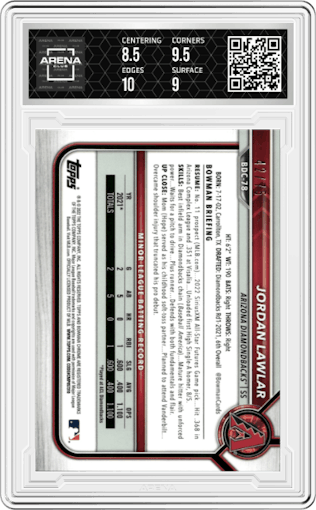 Jordan Lawlar from the 2022 Bowman Draft set featuring a Yellow Lava Refractor parallel graded by Arena Club and given an overall grade of 9.