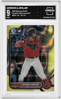 Jordan Lawlar from the 2022 Bowman Draft set featuring a Yellow Lava Refractor parallel graded by Arena Club and given an overall grade of 9.