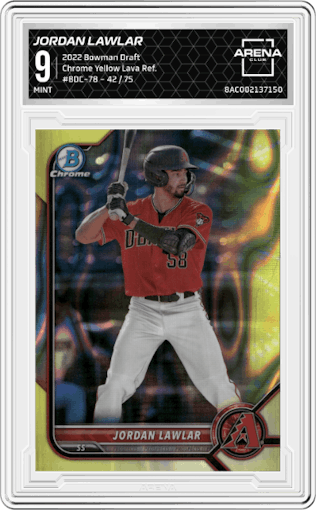 Jordan Lawlar from the 2022 Bowman Draft set featuring a Yellow Lava Refractor parallel graded by Arena Club and given an overall grade of 9.