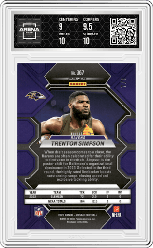 Trenton Simpson from the 2023 Panini Mosaic set featuring a Red Wave Mosaic parallel graded by Arena Club and given an overall grade of 9.5.