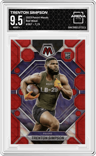 Trenton Simpson from the 2023 Panini Mosaic set featuring a Red Wave Mosaic parallel graded by Arena Club and given an overall grade of 9.5.