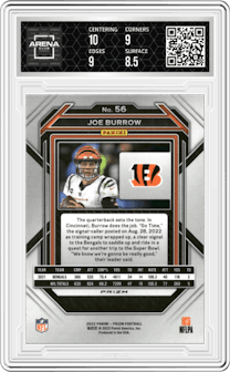 Joe Burrow from the 2022 Panini Prizm set featuring a Red Sparkle parallel graded by Arena Club and given an overall grade of 9.