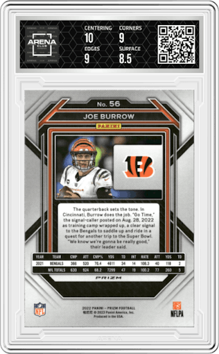 Joe Burrow from the 2022 Panini Prizm set featuring a Red Sparkle parallel graded by Arena Club and given an overall grade of 9.