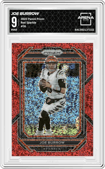 Joe Burrow from the 2022 Panini Prizm set featuring a Red Sparkle parallel graded by Arena Club and given an overall grade of 9.