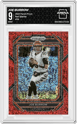 Joe Burrow from the 2022 Panini Prizm set featuring a Red Sparkle parallel graded by Arena Club and given an overall grade of 9.