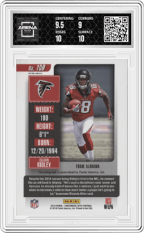 Calvin Ridley from the 2018 Panini Contenders Optic set graded by Arena Club and given an overall grade of 9.5.