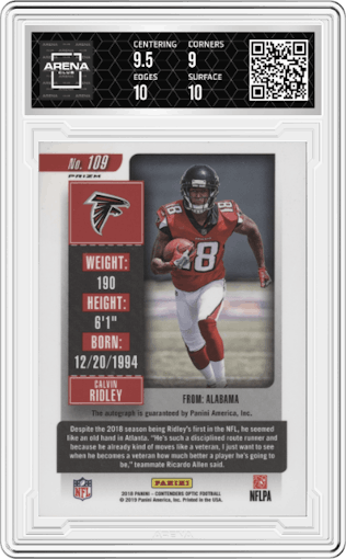 Calvin Ridley from the 2018 Panini Contenders Optic set graded by Arena Club and given an overall grade of 9.5.