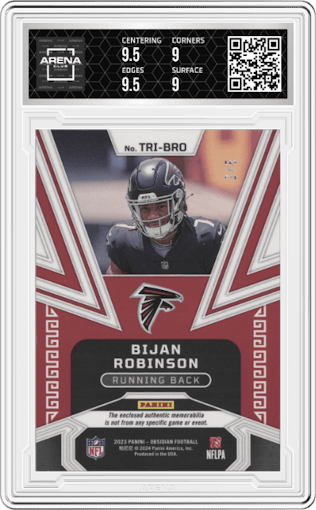 Bijan Robinson from the 2023 Panini Obsidian set featuring a Electric Etch Deep Sea Mojo parallel graded by Arena Club and given an overall grade of 9.5.