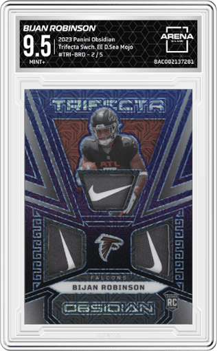 Bijan Robinson from the 2023 Panini Obsidian set featuring a Electric Etch Deep Sea Mojo parallel graded by Arena Club and given an overall grade of 9.5.