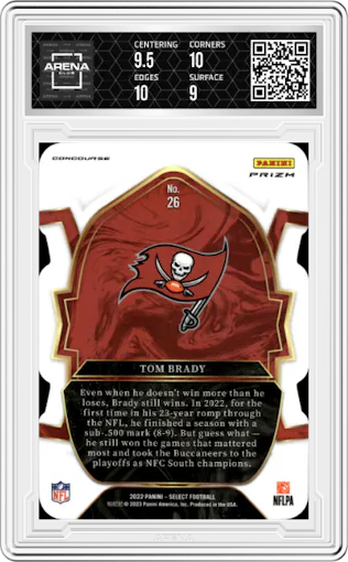 Tom Brady from the 2022 Panini Select set featuring a Die-Cut Green/Yellow parallel graded by Arena Club and given an overall grade of 9.5.