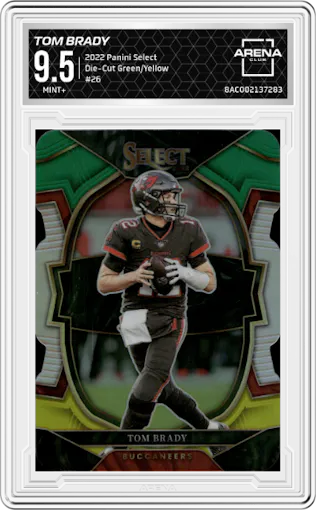 Tom Brady from the 2022 Panini Select set featuring a Die-Cut Green/Yellow parallel graded by Arena Club and given an overall grade of 9.5.