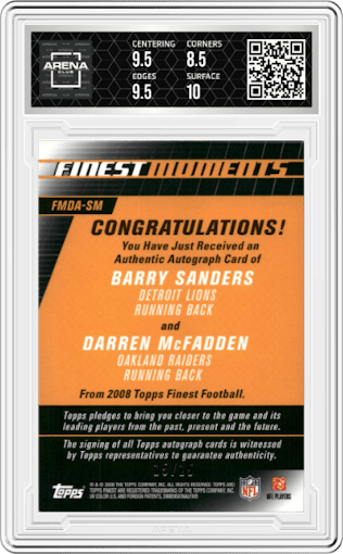 Barry Sanders/Darren McFadden from the 2008 Topps Finest set graded by Arena Club and given an overall grade of 9.