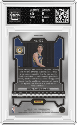 Ben Sheppard from the 2023-24 Panini Prizm set featuring a Silver Prizm  parallel graded by Arena Club and given an overall grade of 9.5.