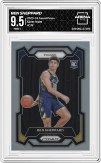Ben Sheppard from the 2023-24 Panini Prizm set featuring a Silver Prizm  parallel graded by Arena Club and given an overall grade of 9.5.