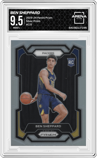 Ben Sheppard from the 2023-24 Panini Prizm set featuring a Silver Prizm  parallel graded by Arena Club and given an overall grade of 9.5.
