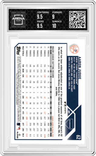 Aaron Judge from the 2023 Topps Chrome set featuring a Pink Refractor parallel graded by Arena Club and given an overall grade of 9.5.