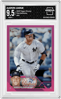 Aaron Judge from the 2023 Topps Chrome set featuring a Pink Refractor parallel graded by Arena Club and given an overall grade of 9.5.