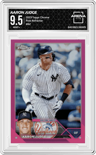 Aaron Judge from the 2023 Topps Chrome set featuring a Pink Refractor parallel graded by Arena Club and given an overall grade of 9.5.