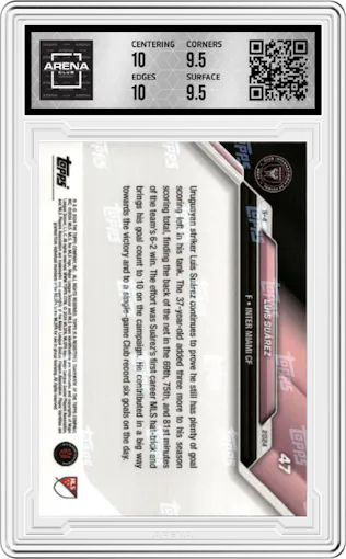 Luis Suarez from the 2024 Topps Now MLS set featuring a Black parallel graded by Arena Club and given an overall grade of 10.