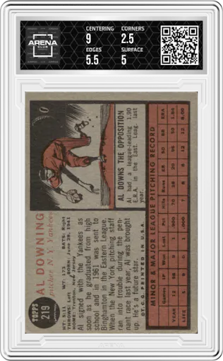 Al Downing from the 1962 Topps set graded by Arena Club and given an overall grade of 3.