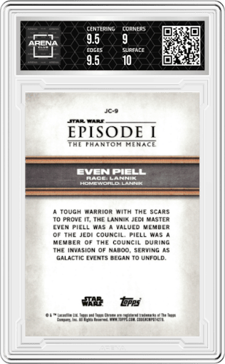 Even Piell from the 2024 Topps Chrome Sapphire Star Wars: The Phantom Menace set featuring a Black parallel graded by Arena Club and given an overall grade of 9.5.