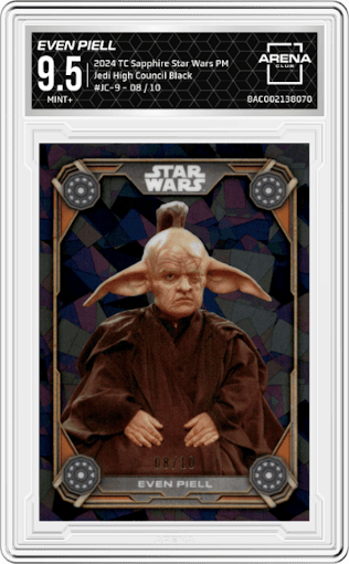 Even Piell from the 2024 Topps Chrome Sapphire Star Wars: The Phantom Menace set featuring a Black parallel graded by Arena Club and given an overall grade of 9.5.