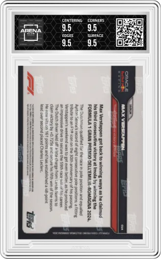 Max Verstappen from the 2024 Topps Now Formula 1 set graded by Arena Club and given an overall grade of 9.5.
