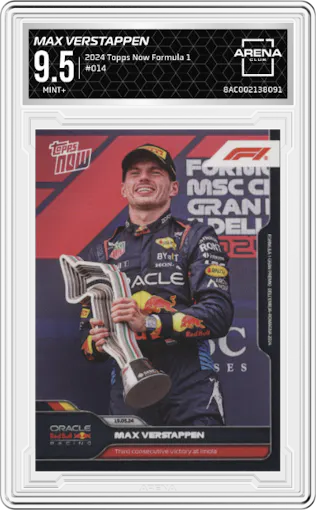 Max Verstappen from the 2024 Topps Now Formula 1 set graded by Arena Club and given an overall grade of 9.5.