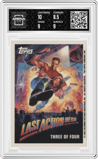Jack Slater with skull from the 1993 Topps Last Action Hero set featuring a Holo Foil parallel graded by Arena Club and given an overall grade of 9.
