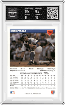 Mike Piazza  from the 1993 Donruss set graded by Arena Club and given an overall grade of 9.