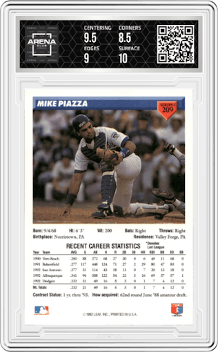 Mike Piazza  from the 1993 Donruss set graded by Arena Club and given an overall grade of 9.