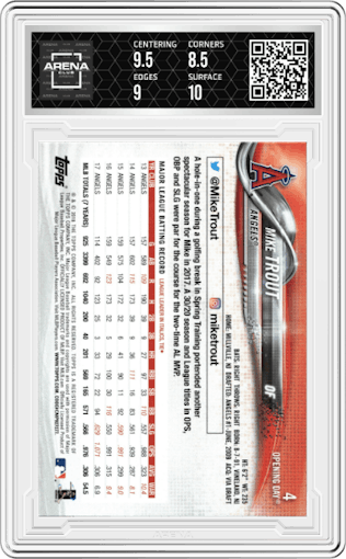 Mike Trout from the 2018 Topps Opening Day set featuring a Blue Foil parallel graded by Arena Club and given an overall grade of 9.