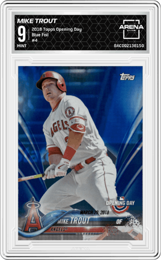 Mike Trout from the 2018 Topps Opening Day set featuring a Blue Foil parallel graded by Arena Club and given an overall grade of 9.