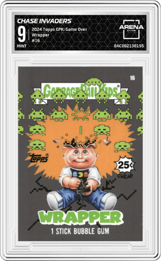 Chase Invaders from the 2024 Topps Garbage Pail Kids: Game Over set featuring a Wrapper parallel graded by Arena Club and given an overall grade of 9.