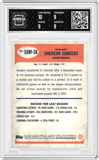 Shedeur Sanders from the 2023 Bowman Chrome University set graded by Arena Club and given an overall grade of 9.5.