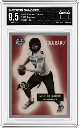 Shedeur Sanders from the 2023 Bowman Chrome University set graded by Arena Club and given an overall grade of 9.5.