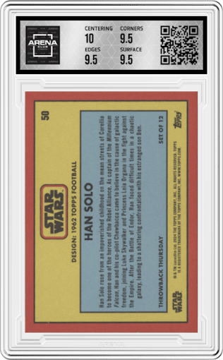 Han Solo from the 2024 Topps Star Wars TBT set graded by Arena Club and given an overall grade of 10.