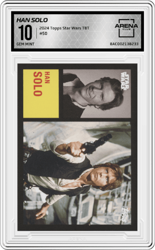 Han Solo from the 2024 Topps Star Wars TBT set graded by Arena Club and given an overall grade of 10.