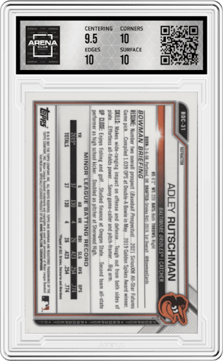 Adley Rutschman from the 2021 Bowman Draft set featuring a Refractor parallel graded by Arena Club and given an overall grade of 10.