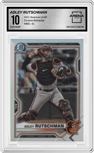 Adley Rutschman from the 2021 Bowman Draft set featuring a Refractor parallel graded by Arena Club and given an overall grade of 10.
