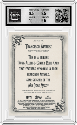 Francisco Alvarez from the 2023 Topps Allen & Ginter set graded by Arena Club and given an overall grade of 10.