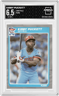 Kirby Puckett from the 1985 Fleer set graded by Arena Club and given an overall grade of 6.5.